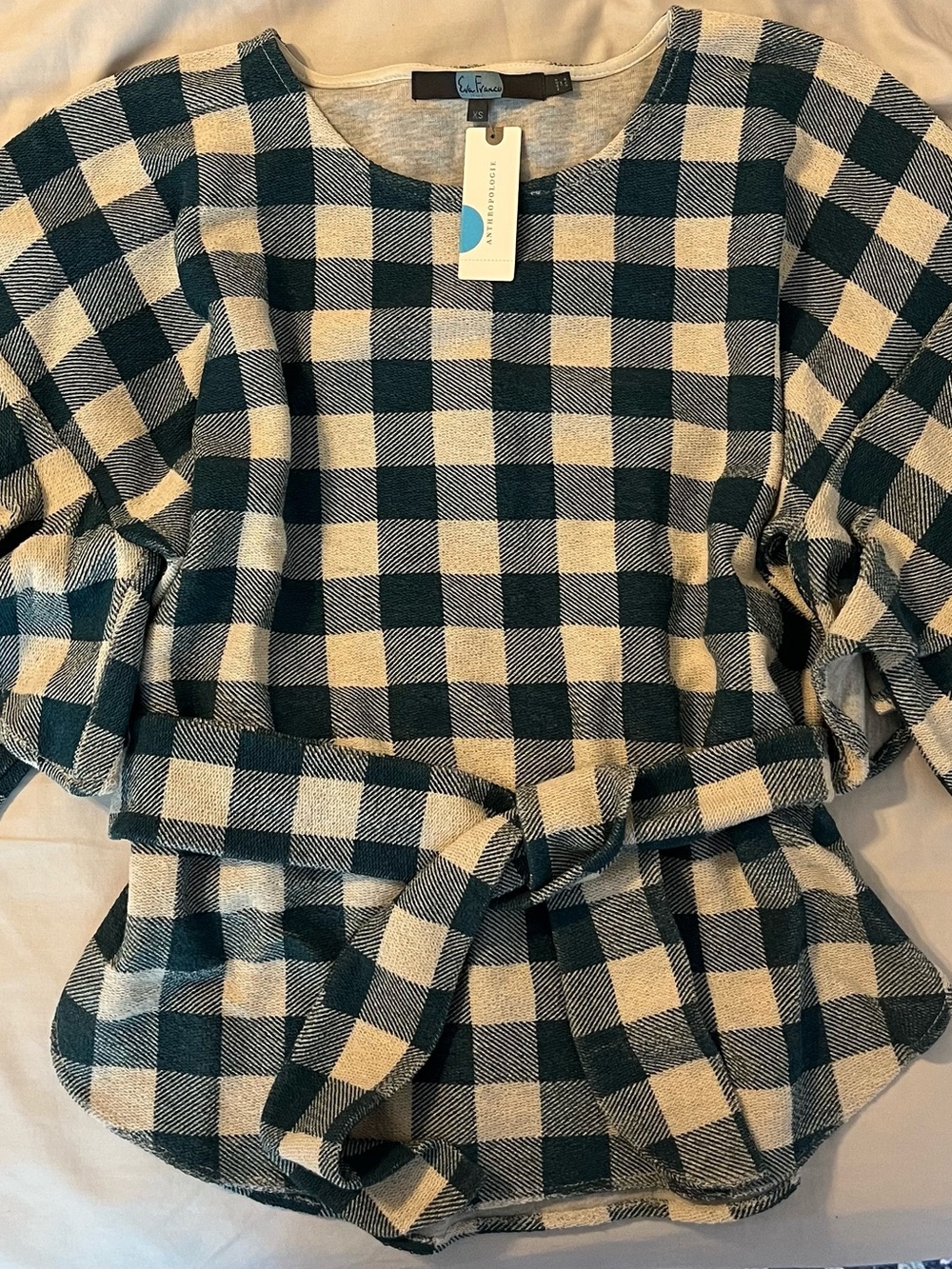 Dark Green & Cream Buffalo Plaid Tie-Waist Top
